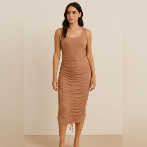 Amante Ruched Bodycon Tank Dress Nude Mauve Stretch Midi Large